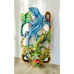 Balinese Hand Carved Wooden Blue Lizard Reptile & Birds Rainforest Goddess Mask